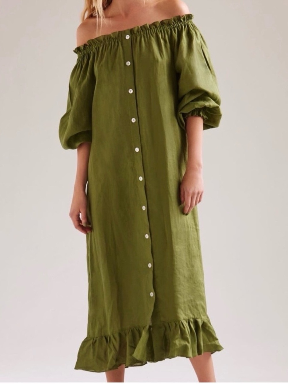SLEEPER 100% Linen Off Shoulder Midi Dress Button Down Cypress Cottagecore OSFA